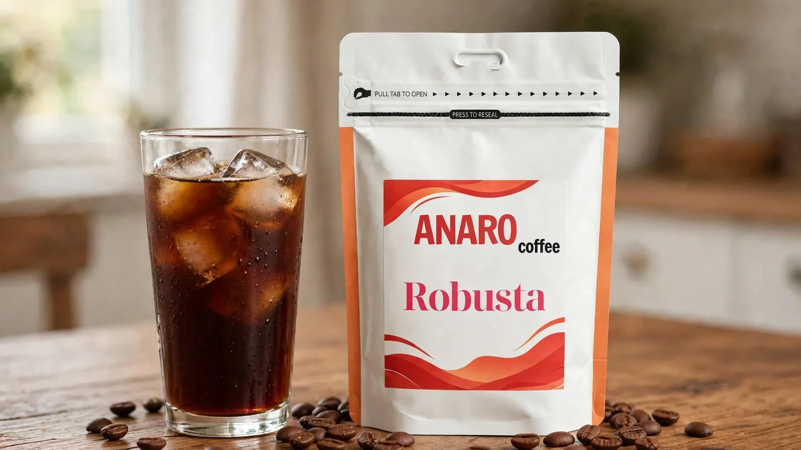 Ly cold brew đá cạnh túi cà phê ANARO trên bàn gỗ, ánh sáng tự nhiên