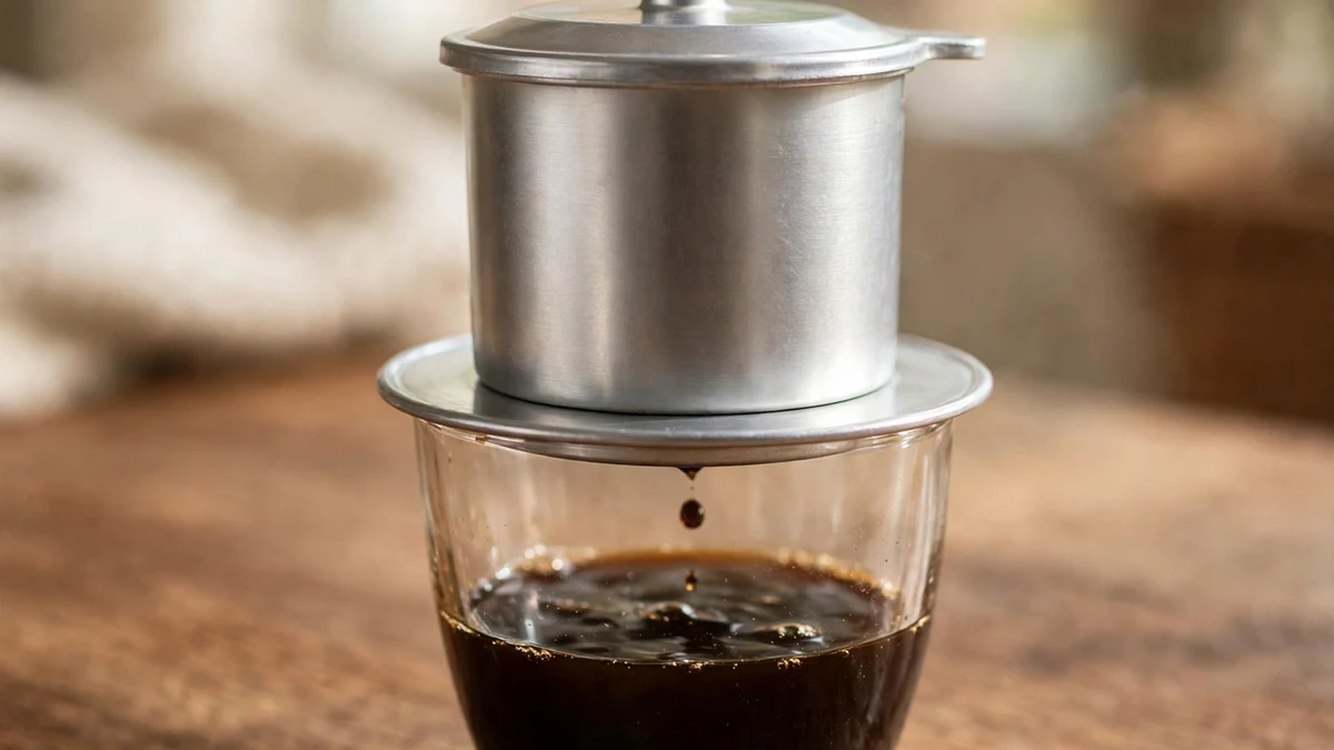Phin nhôm đang nhỏ giọt xuống ly thủy tinh