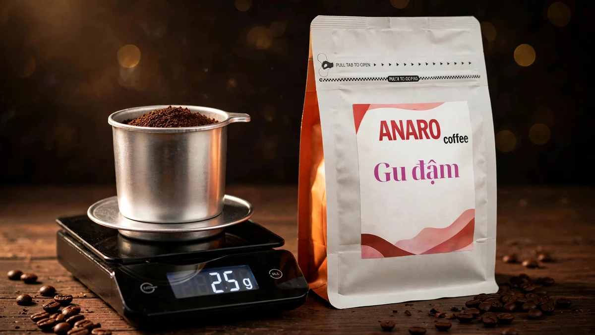 Phin cà phê đặt trên cân điện tử, màn hình hiện 25 g