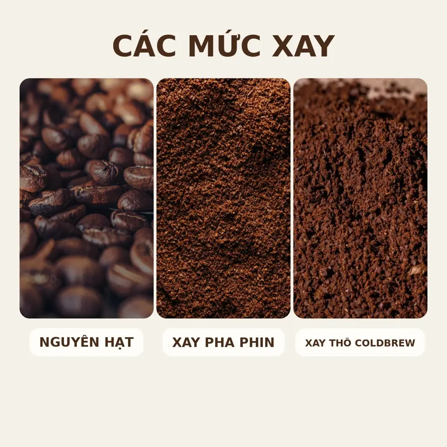 Ba mức xay: nguyên hạt, xay pha phin, xay thô cold brew